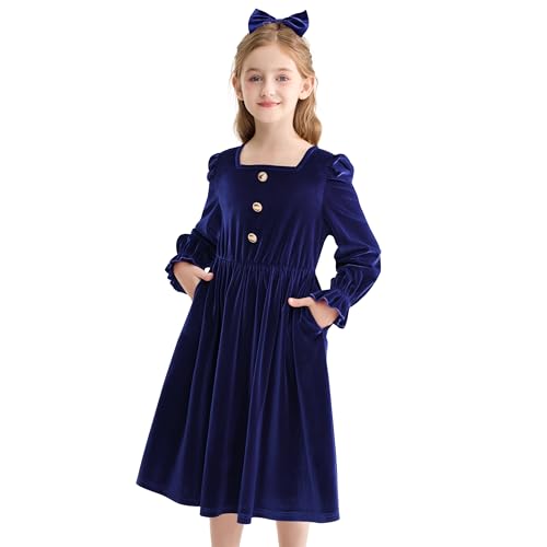 Rolanko Girls Velvet Dress with Pockets Puff Long Sleeve A Line Winter Maxi Swing Dress with Bow Hair Tie for Christmas Birthday Party, RoyalBlue, Size: 11-12 Years/160