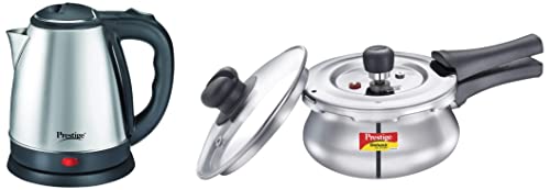Image of Prestige Deluxe Alpha Svachh Stainless Steel Outer Lid Pressure Cooker 1.5 litrewith Glass Lid & Electric Kettle PKOSS - 1500watts, Steel (1.5Ltr)