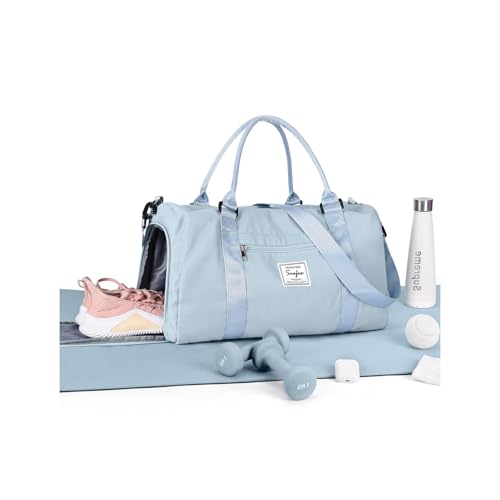 BJLFS Gym Bag Womens Mens with Shoes Compartment and Wet Pocket,Travel Duffel Bag for Women for Plane,Sport Gym Tote Bags with Toiletry Bag,Waterproof Weekend Overnight Bag Carry on Bag Light Blue