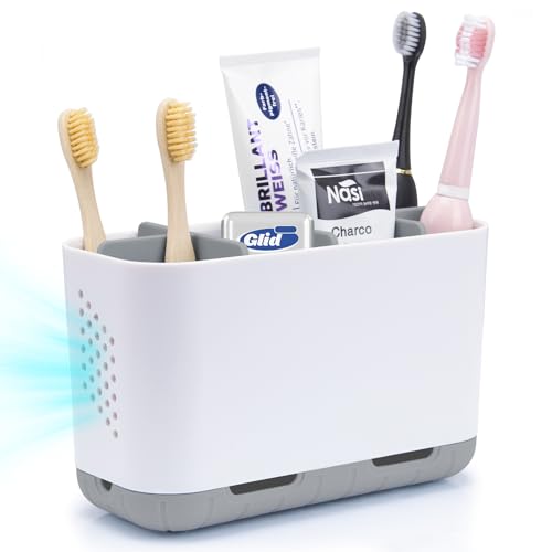 Zahnbürstenhalter Elektrische Zahnbürste Organizer Grau Stehend für Badezimmer Waschbecken, Große Zahnbürstenständer Abflussig mit Verstellbaren Trennwänden Anti-Rutsch für Familie, Kinder