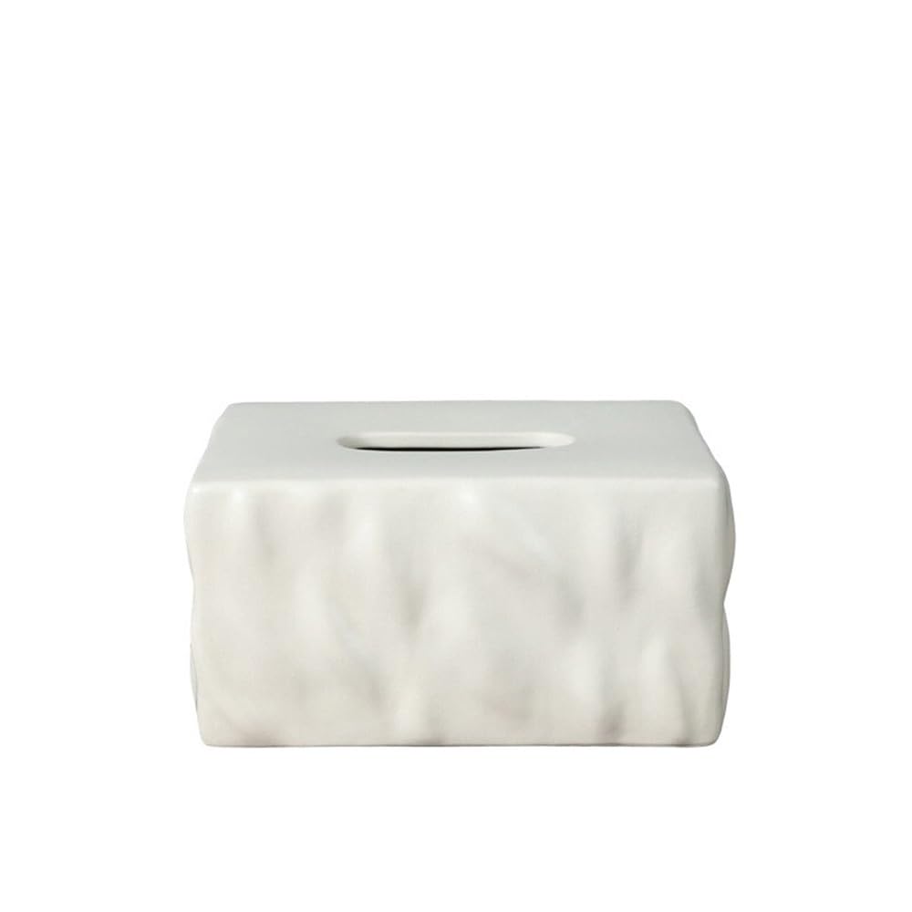 Tissue Case Tissue Box Ceramic Solid Color Irregular Texture Home Desktop Holder Tissue Dispenser(White)