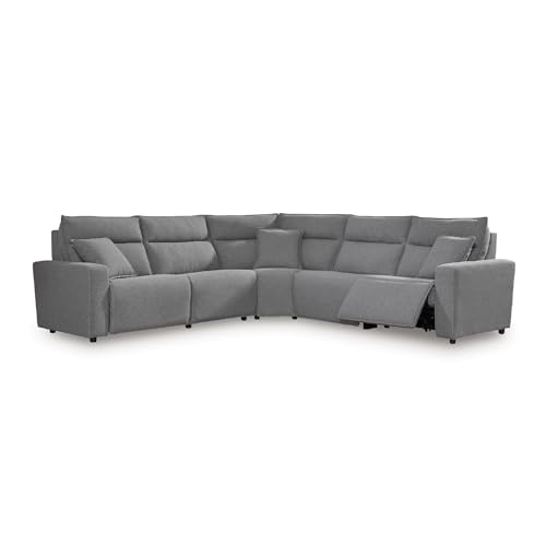 Signature Design by Ashley Modern ModMax II Stain Resistant L-Shape Symmetrical 5-Piece Power Reclining Sectional, Adjustable Headrest and USB Charging Ports, Gray