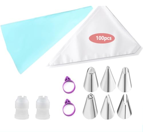 101 bolsillos para enchufes, que comprenden 6 casquillos de acero inoxidable, 2 adaptadores, 2 elásticos superiores, bolsillos para pastelería desechables, bolsillo para pastelería para decoración