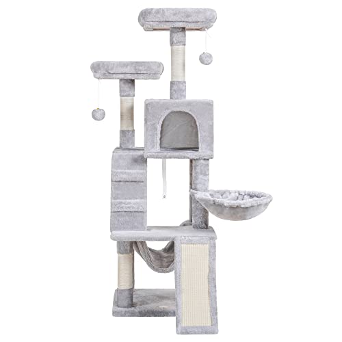 Heybly Cat Tree, Cat Tower For Indoor Cats,Multi-Level Cat Furniture Condo For Cats With Padded Plush Perch, Cozy Basket And Scratching Board Light Gray Hct014W #TOP6