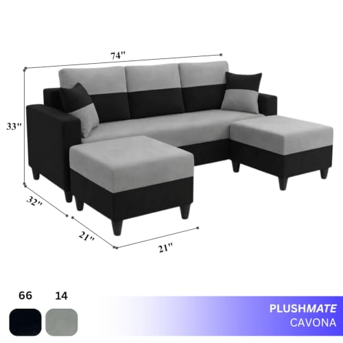 Image of Cavo 5 Seater L Shape Sofa Set with 2 Movable Ottomans | Flexible Layout | Luxury Velvet Suede Fabric | Modern Living Room Sofa | Black-Light Grey