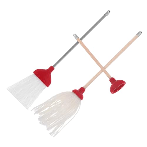 UPKOCH 3 Piezas Miniaturas Herramientas de Limpieza para Casa de Muñecas Set de Mopa Escoba y Accesorios de Baño Rojo Suministros Realistas para Decoración y Juego Educativo