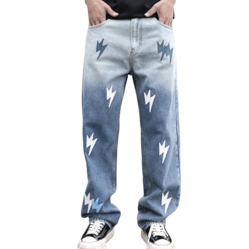 XYGJZ Lightning Print Jeans for Men Causal Straight Leg Denim Jeans Streetwear