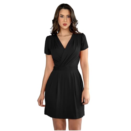 Vestido Curto Decote Transpassado Envelope Soltinho Acinturado Manga Curta (M (42-44), Preto)