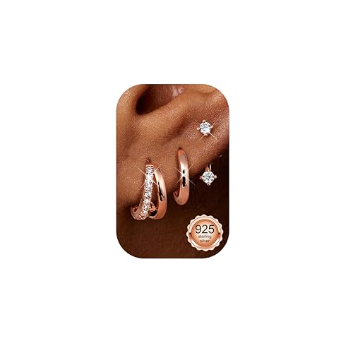 Finrezio 3 Paar Ohrringe Silber 925 Ohrringe Rosegold Damen Creolen Rosegold Doppel Creolen Ohrstecker Hypoallergen Ohrring Damen Piercing Ohr Rose gold Schmuck für Mehrere Piercings