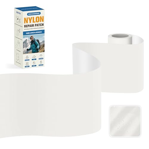 KING MOUNTAIN Self Adhesive Nylon Fabric Repair Tape, 4×63 Inches, Quick Down Jacket Repair Patch, Waterproof Outdoor Gear Patch Kit for Tent,Backpacks,Umbrella, Gloves, Sleeping Bag (White）