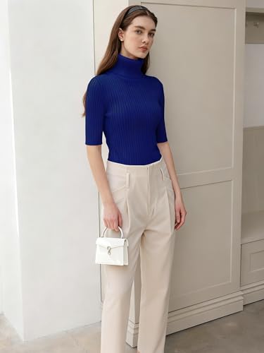 Image of v28 Women Turtleneck 1 /2 Half Sleeve Highly Stretchy Ribbed Knit Fitted Sweater