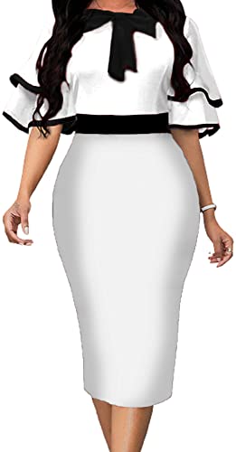 Image of Xinlees Women's Bodycon Pencil Dress Sexy Short Ruffles Sleeve Clubwear Basic Fitted Outfits Casual Midi Dresses