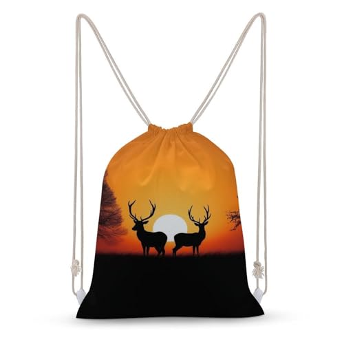 Nature Sunset Deer Drawstring Backpack - Large Capacity Gym Sack Sports Travel Bag for Beach, Yoga, Camping