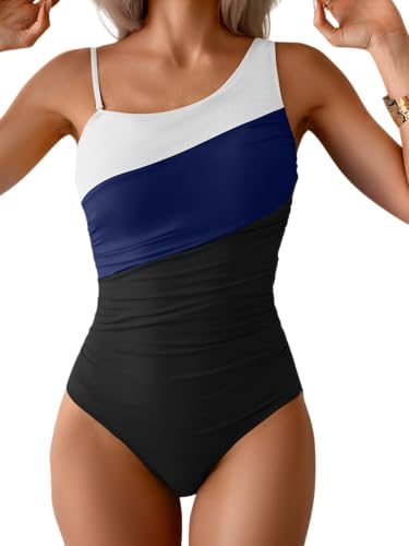 Image of Aidonger One Shoulder One Piece Swimsuit for Women Tummy Control Bathing Suits Color Block Ruched Swim Suit Slimming Swimwear