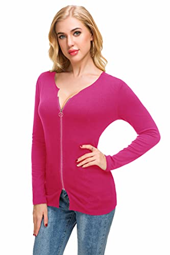 Image of Afibi Women V Neck Zip Front Long Sleeve Casual Top Blouse Shirt /Cardigan