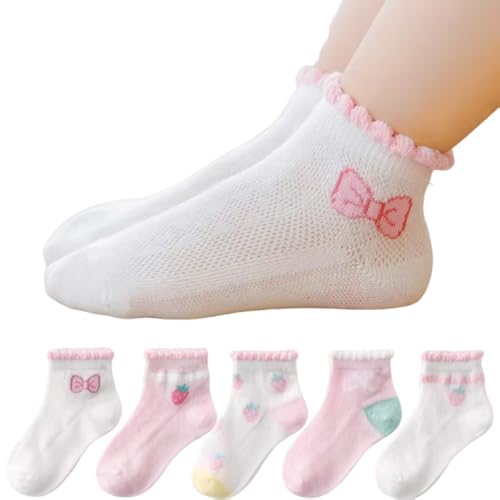 5 Pairs Baby Girl's Summer Thin Mesh Cotton Ankle Socks with Strawberry Ruffle Trim for 1, 3, 5, 8, 9, 12 Years Old