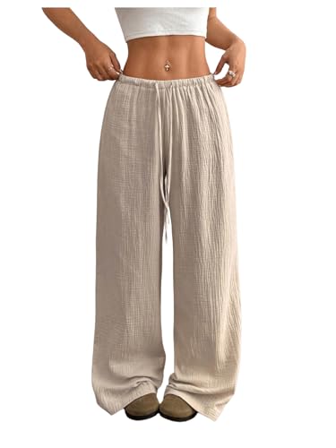 Women's Linen Summer Pants Drawstring Waist Baggy Pant Straight Wide Leg Beach Trousers