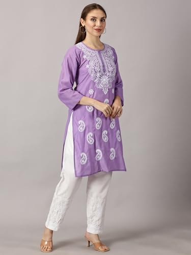 Image of FCH, Fashionable Chikan Handikraft Women's Cotton Lucknowi Chikankari Printed Straight Kurta for Regular Wear Girls Flared Kurta