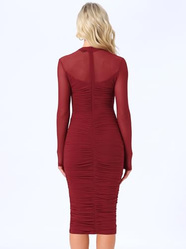 Image of Allegra K Mesh Dress for Women Long Sleeve Mock Neck Ruched Bodycon Dresses