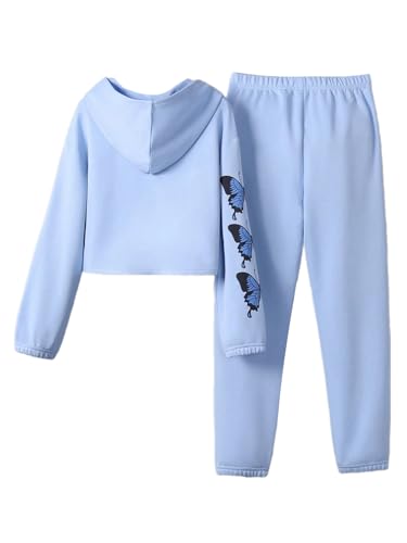 OYOANGLE Girl's 2 Piece Outfits Butterfly Print Long Sleeve Hoodie Sweatshirts and Jogger Sweatpants Set Tracksuit2