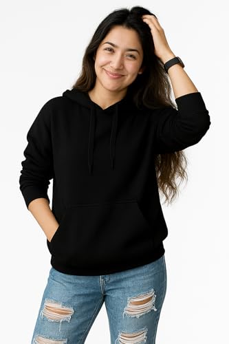Image of Women's Black Fleece Hoodie Oversized Fit Soft Warm Winter Hooded Sweatshirt with Kangaroo Pocket