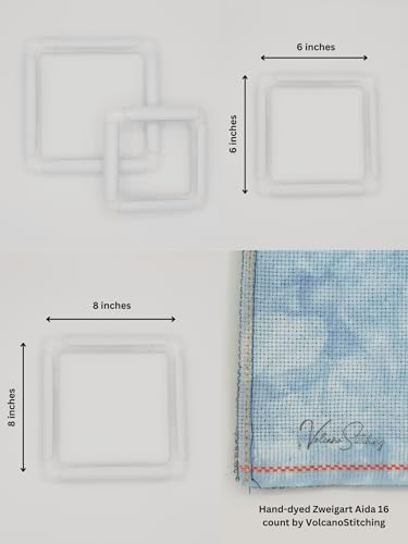 Image of VolcanoStitching Q-Snap 6x6 & 8x8 Frame Set, 16ct Hand-Dyed Aida Fabric | Q-Snap plastic frame duo (6x6in & 8x8in) for portable cross stitch & embroidery; includes hand-dyed 16-count Aida fabric.