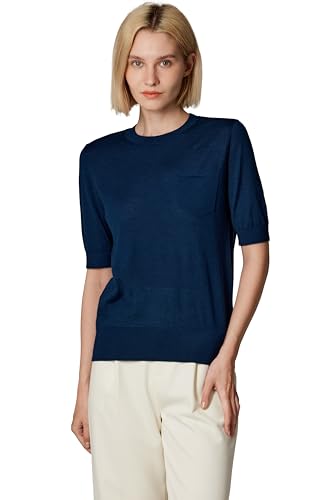 JENNIE LIU Women's Tissue Weight 75% Merino Wool 25% Silk Crew Neck Short Sleeve T Shirt Sweater | Ultra Soft Machine-Washable Fine Gauge Sweaters for Women (Navy, X-Large)