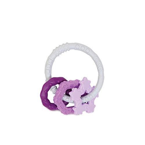Image of Bumkins Baby Teething Freezer Toy Keys Rings, Soft Flexible Pacifier to Chew, Cool Teether Gum Relief, Babies 3 Months, Freezable Platinum Silicone, Sensory Bracelet with Charms, Purple and Gray