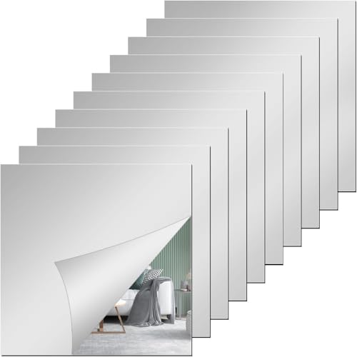 DWUENT Mirror Tiles, Stick on Mirrors for Walls, Self Adhesive Mirror, 12PCS 10x10cm Acrylic Square Adhesive Mirrors Tiles with Right Angle Design for Home Decor