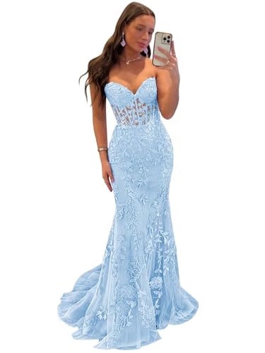 Tulle Lace Appliques Prom Dress 2025 Long Mermaid Strapless Ball Gown Evening Dresses for Women