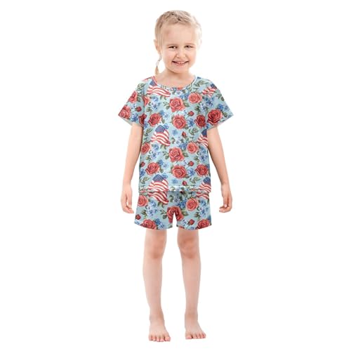 July 4th Independence Day American Flag Rose Pajama Set Pajamas Sleepwear Nightwear Loungewear Clothes Set B0404601