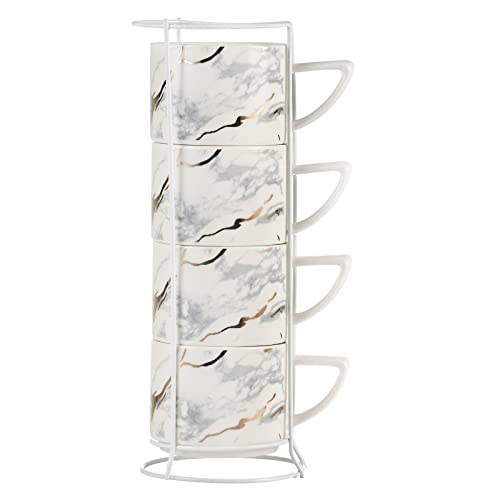Winlauyet 200ml Lot de 4 tasses à expresso cappuccino en porcelaine avec support chromé tasse à café et thé (Blanc)