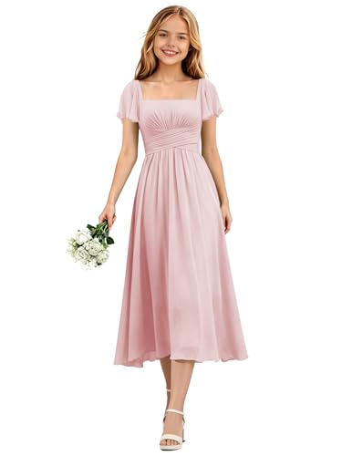 MarhJean Blush Pink Junior Bridesmaid Dresses Short Sleeve Teen Girls Graduation Dress Square Neck Midi Tween Formal Wedding Guest Dresses Size 16