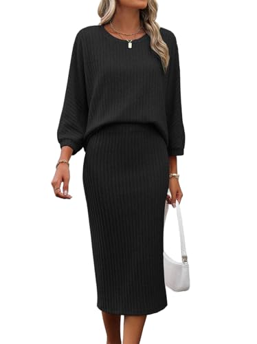 HBQ Women's 2 Piece Sweater Skirt Sets Ribbed Knit Loose Lantern Sleeve Top Midi Skirt Outfit Casual Loungewear Sets-Black-M