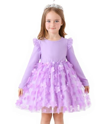 Cute Toddler Girl Princess Tulle Dress Long Sleeve Cotton Sundress Little Girls' Party Dresses,Size 2-9 Y