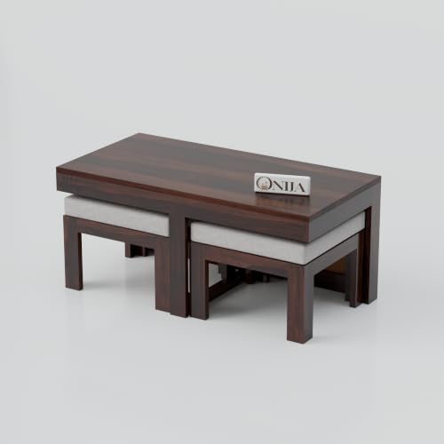 Image of ONIJA Solid Sheesham Wood Center Coffee Table with 2 Stools for Living Room Outdoor | Rosewood Centre Teapoy Tea Table with Stool for Home Office (Walnut Finish)