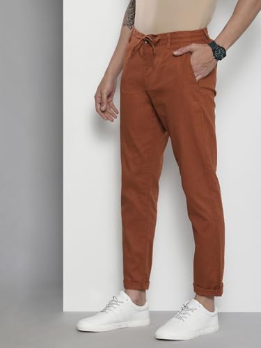 Image of The Indian Garage Co Men Slim Fit Solid Mid-Rise Elasticated Linen Trousers