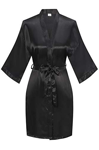 YINGER Womens Satin Kimono Robe V Neck Bridesmaid Bathrobe Wedding Party Loungewear Short L-XL Black