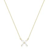 S925 Sterling Silver Necklace for Women Marquise Cubic Zirconia Necklaces 14K Gold Plated 16.5+2' Adjustable Chain Four-Leaf CZ Flower Dainty Floral Pendant Elegant Jewelry