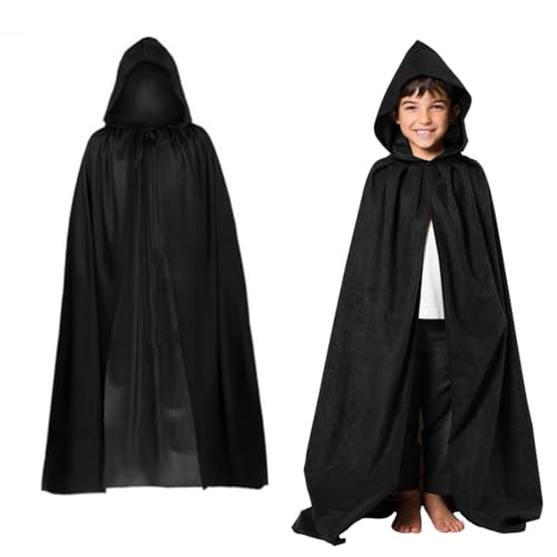 IKOPFLN Crianças de veludo com capuz 120 cm capa de fantasias de Halloween para bruxa mago Halloween Natal máscara (preto)