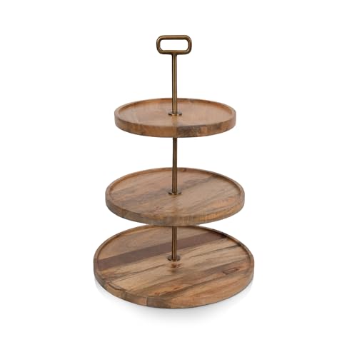 PICNIC TIME Tapas 3-Tiered Serving Tray, Novelty Charcuterie Board Set with 3 Spacious Tiers and Iron Structure, Charcuterie Set, Mango Wood Cupcake Stand, Wooden Cheese Board (Mango Wood) by PICNIC TIME - Used condition - US$35.55