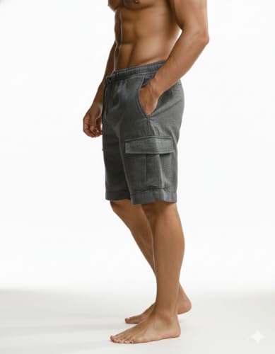 Image of INKKR Men's Cargo Linen Shorts Beach Shorts Drawstring Elastic Multi Pocket Plain Comfort Breathable Knee Length Cotton Shorts