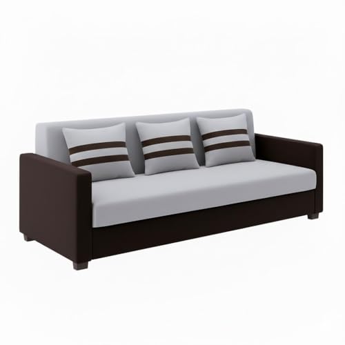 Image of FURNY Lifestylio 3 Seater Fabric Sofa Set (Light Grey-Dark Brown) Premium Velvet Finish | Ideal for Living Rooms, Offices