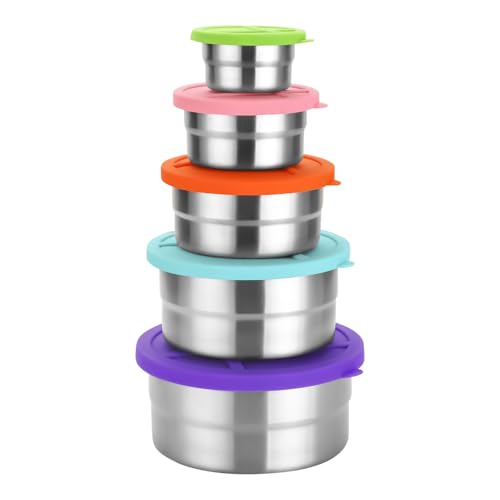 Juego de recipientes de acero inoxidable para alimentos, 5 piezas con tapas, frescura óptima, cuencos redondos de almacenamiento de alimentos para cocina, picnic, ensalada, camping, uso diario