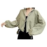 [link bleu] リンクブルー クロップド シャツ ジャケット カジュアル ショート 丈 ジャンパー ミリタリー 無地 シンプル 長袖 レディース (XXL, グリーン)