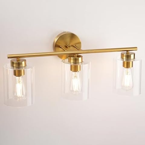 3 Light Bathroom Vanity Light, 22 inch Bathroom Lighting Fixtures Over Mirror, Modern Bathroom Wall Light with Clear Glass Shades, Gold Vanity Light for Bedroom Kitchen Hallway, E26 Socket Cover