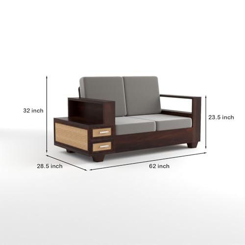 Image of Sheesham Wood 4 Seater Sofa Set with 2 Drawer Storage | 2+2 Wooden Sofa Set Furniture for Living Room Home Office (Natural Cane,Walnut Finish)