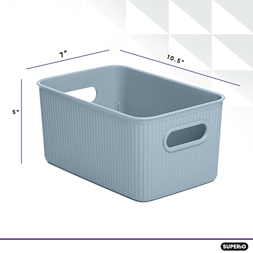 Superio Ribbed Collection - Decorative Plastic Lidded Home Storage Bins Organizer Baskets, Medium Blue (2 Pack - 5 Liter) Stackable Container Box, For Organizing Closet Shelves Drawer Shelf #TOP2