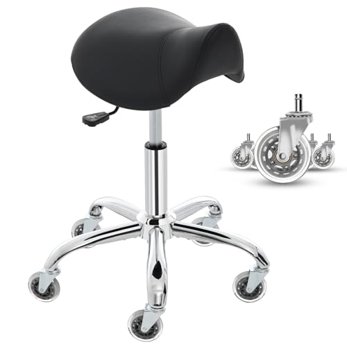 E-Motie Saddle Stool, Ergonomic Saddle Chair with Wheels 450 LBS, Adjustable Height Swivel Salon Stool, Rolling Stool for Home Office Tattoo Massage Clinic Lab Beauty (Black)