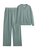 REORIA Damen Breiter Gerippter V-Ausschnitt Jogginganzug Zweiteiler Trainingsanzug Hausanzug Sport Set Elegantes Outfit Lounge Set Grau Grün M